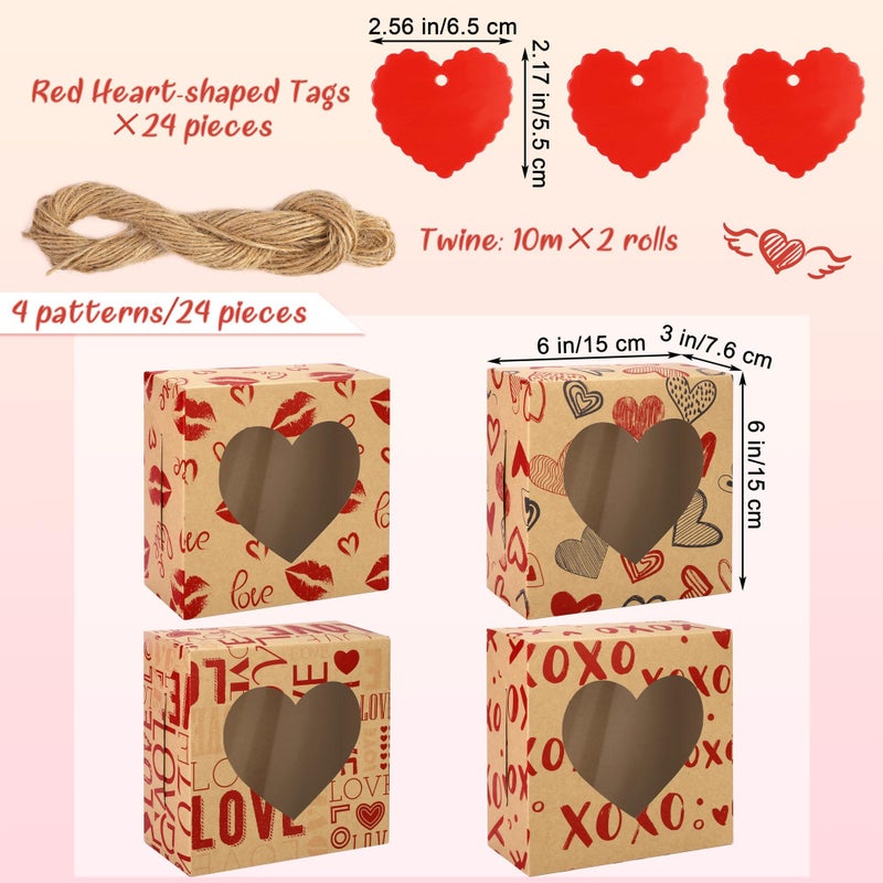 MIMIND 24 Packs Cookie Box Kraft Bakery Treat Boxes 6 x 6 x 3 Inches Candy Boxes with Heart Window Kraft Paper Cupcake Boxes with Heart Cards for Cookies, Cupcakes - Image 2