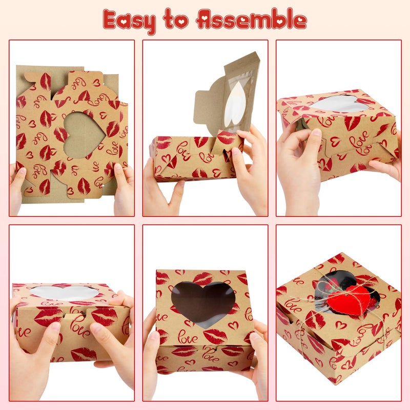 MIMIND 24 Packs Cookie Box Kraft Bakery Treat Boxes 6 x 6 x 3 Inches Candy Boxes with Heart Window Kraft Paper Cupcake Boxes with Heart Cards for Cookies, Cupcakes - Image 5