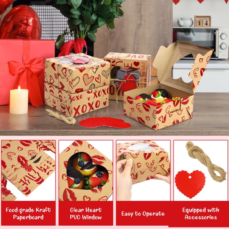 MIMIND 24 Packs Cookie Box Kraft Bakery Treat Boxes 6 x 6 x 3 Inches Candy Boxes with Heart Window Kraft Paper Cupcake Boxes with Heart Cards for Cookies, Cupcakes - Image 3