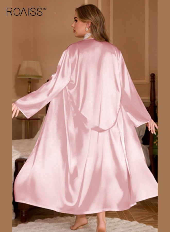 roaiss 2 PCS Pajama Set for Women Stylish Plus Size Pajama Sets Suspender Skirt and Lightweight Robe Ultra Ladies Comfortable Breathable Loungewear Pink for Home Relaxation and Sleep  - Image 4