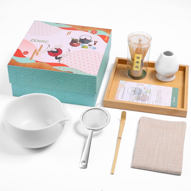 ZENRC Ceremony Matcha Kit Bamboo Matcha Whisk Chasen Scoop Chashaku Bowl with Pouring Spout Whisk Holder Sifter Tea Tray Perfect Matcha Set Ivory White Set of 7