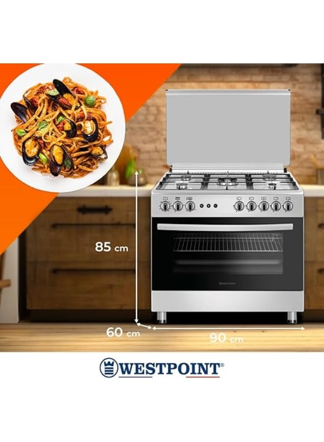 Westpoint 90X60 Cm Freestanding Gas Cooker with 5 Burners Cast Iron Support, Large Capacity Oven with Fan, Grill Function,Timer, Full Safety, Double Glass Oven Door, Auto Ignition, WCLR-9650G0CIID 5 WCLR-9650G0CIID Silver/Black - Image 2