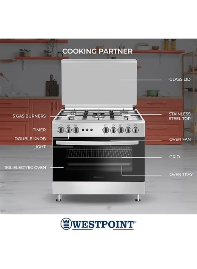 Westpoint 90X60 Cm Freestanding Gas Cooker with 5 Burners Cast Iron Support, Large Capacity Oven with Fan, Grill Function,Timer, Full Safety, Double Glass Oven Door, Auto Ignition, WCLR-9650G0CIID 5 WCLR-9650G0CIID Silver/Black - Image 3