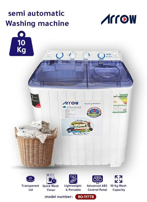 10 KG Twin Tub Washing Machine, Semi-Automatic, Turbo Wash Technology, Rust-Free Design, Streamlined & Lightweight for Easy Installation, White Color | Model No: RO-11TTB