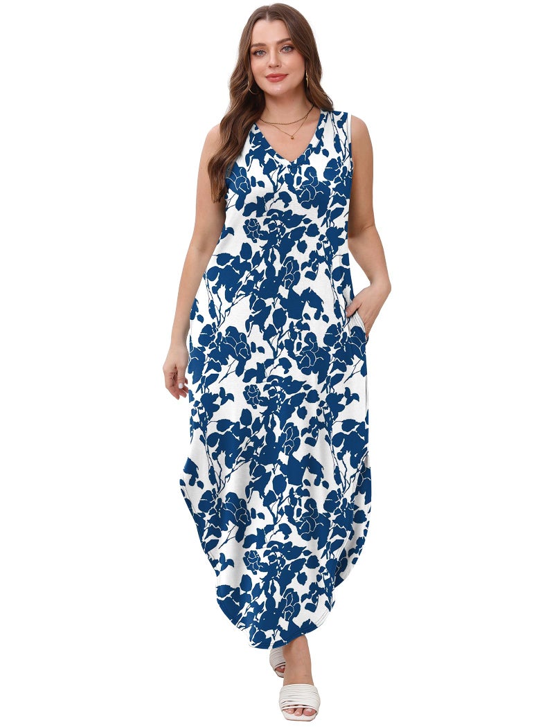 Sampeel Summer Dresses for Women 2025 Vacation Beach Cruise Outfits Maxi Long Dress Elegant Classy Maternity Floral Blue XXL - Image 5