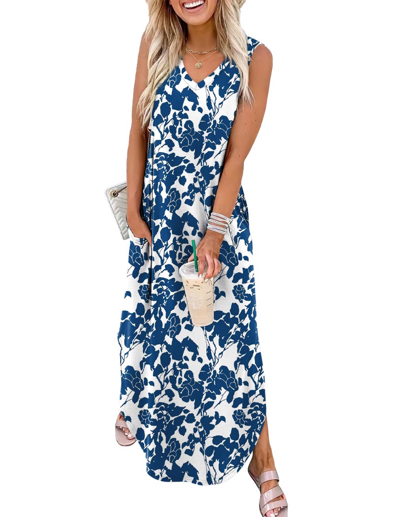 Sampeel Summer Dresses for Women 2025 Vacation Beach Cruise Outfits Maxi Long Dress Elegant Classy Maternity Floral Blue XXL - Image 1