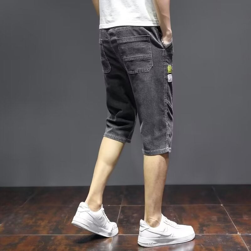 Mens Summer Denim Shorts Summer Thin Loose Straight Korean Casual Capri Pants Grey  - Image 1