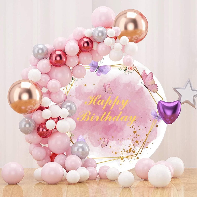 Renaiss Happy Birthday Round Backdrop Cover 65ft Polyester Butterfly Flowers Pink Watercolor Circle Backdrop Cover for Girls Women Birthday Party Decor Photo Prop - Image 2