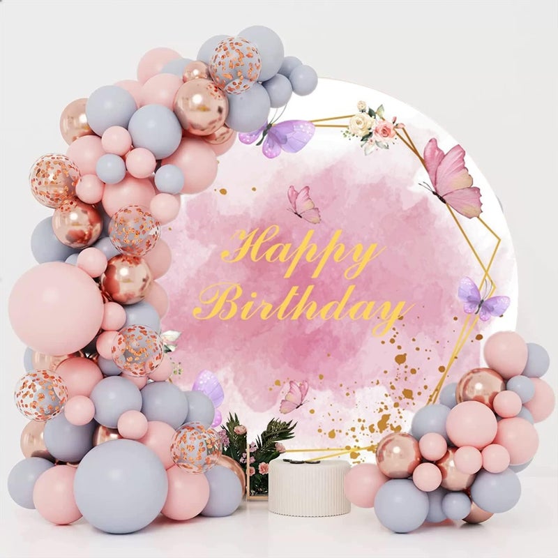 Renaiss Happy Birthday Round Backdrop Cover 65ft Polyester Butterfly Flowers Pink Watercolor Circle Backdrop Cover for Girls Women Birthday Party Decor Photo Prop - Image 4