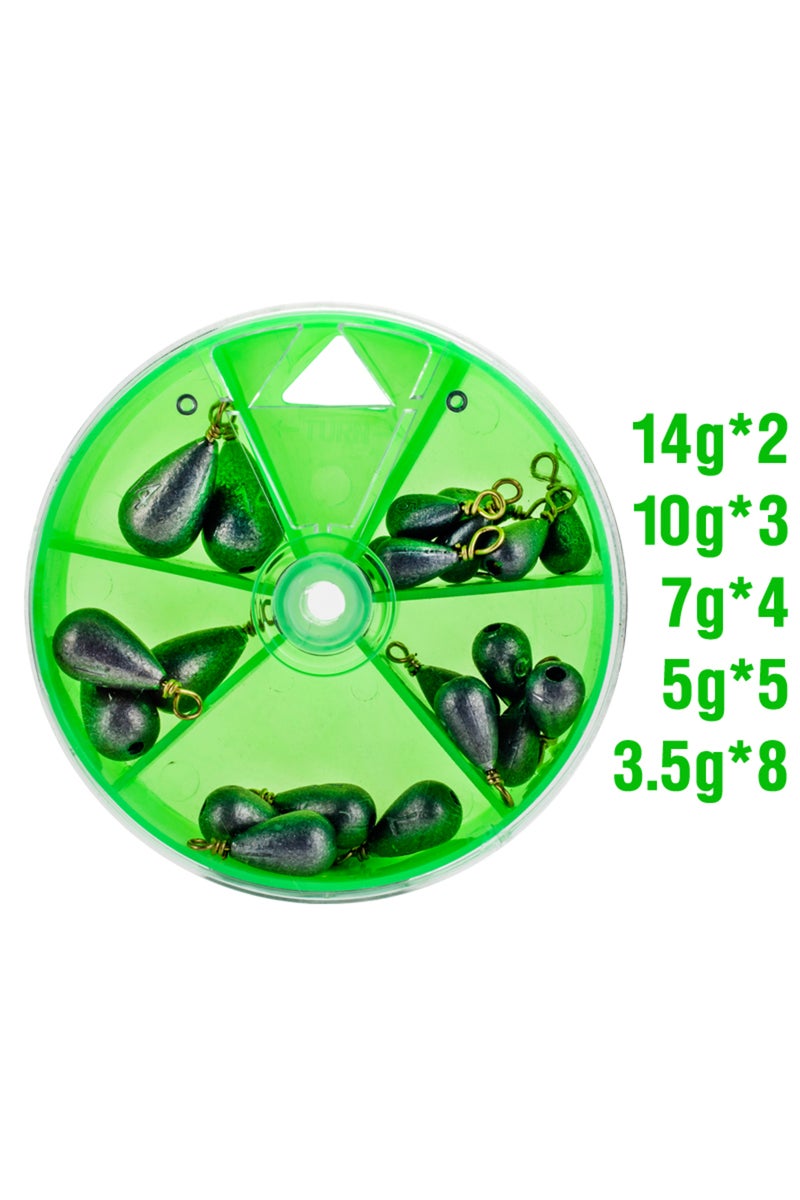 4867-140 غرام، 22 قطعة من أثقال صيد الرصاص، أوزان 3.5 غرام/5 غرام/7 غرام/10 غرام/14 غرام، معبأة في علبة، مزودة بحلقة دوارة نحاسية.