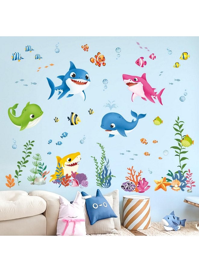 decalmile Under The Sea Fish Wall Decals Baby Shower Sharks Seaweed Ocean Wall Stickers Kids Bedroom Nursery Bathroom Wall Decor - Image 1