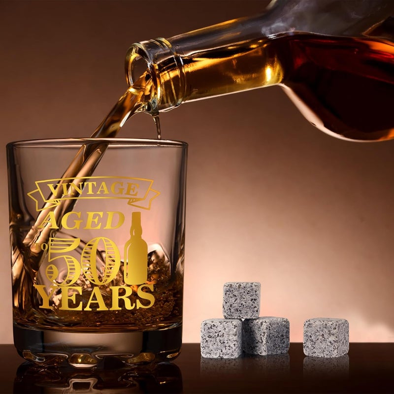 YeohJoy 50th Birthday Gifts for Men - Vintage Whiskey Glass Set, 50th Birthday Decorations for Men Gift Ideas for Him, Husband, 50 Year Old Man - Wood Box & Whiskey Stones & Coaster & Anniversary Card - Image 5