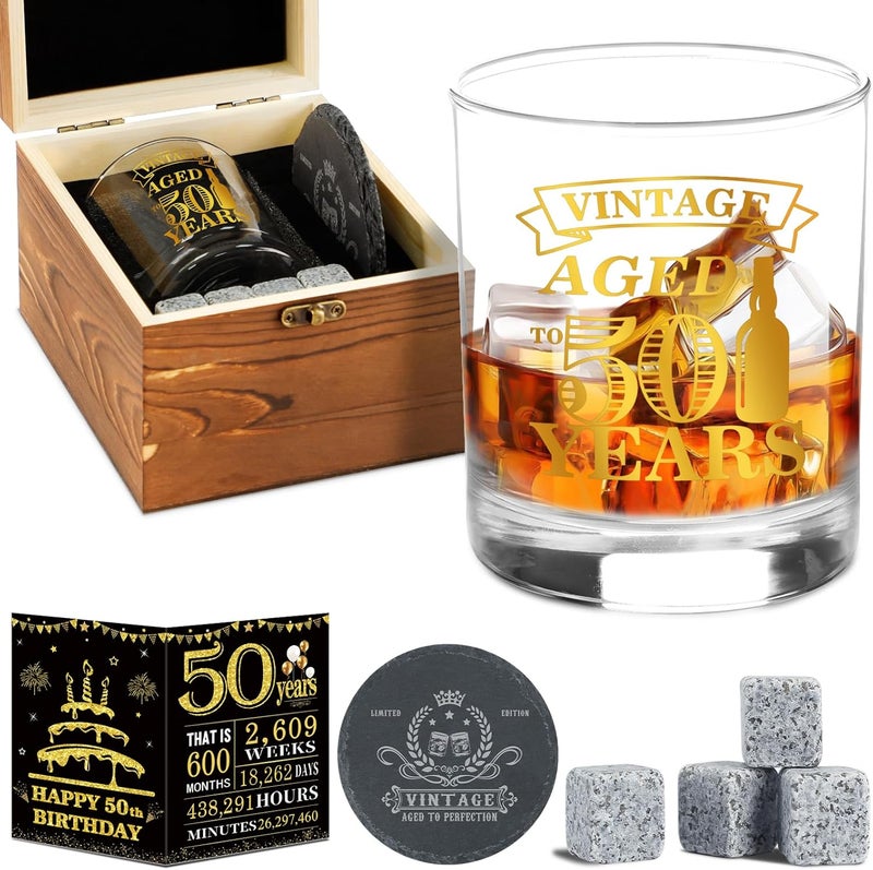 YeohJoy 50th Birthday Gifts for Men - Vintage Whiskey Glass Set, 50th Birthday Decorations for Men Gift Ideas for Him, Husband, 50 Year Old Man - Wood Box & Whiskey Stones & Coaster & Anniversary Card - Image 1