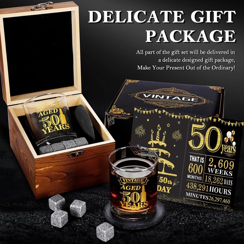 YeohJoy 50th Birthday Gifts for Men - Vintage Whiskey Glass Set, 50th Birthday Decorations for Men Gift Ideas for Him, Husband, 50 Year Old Man - Wood Box & Whiskey Stones & Coaster & Anniversary Card - Image 4