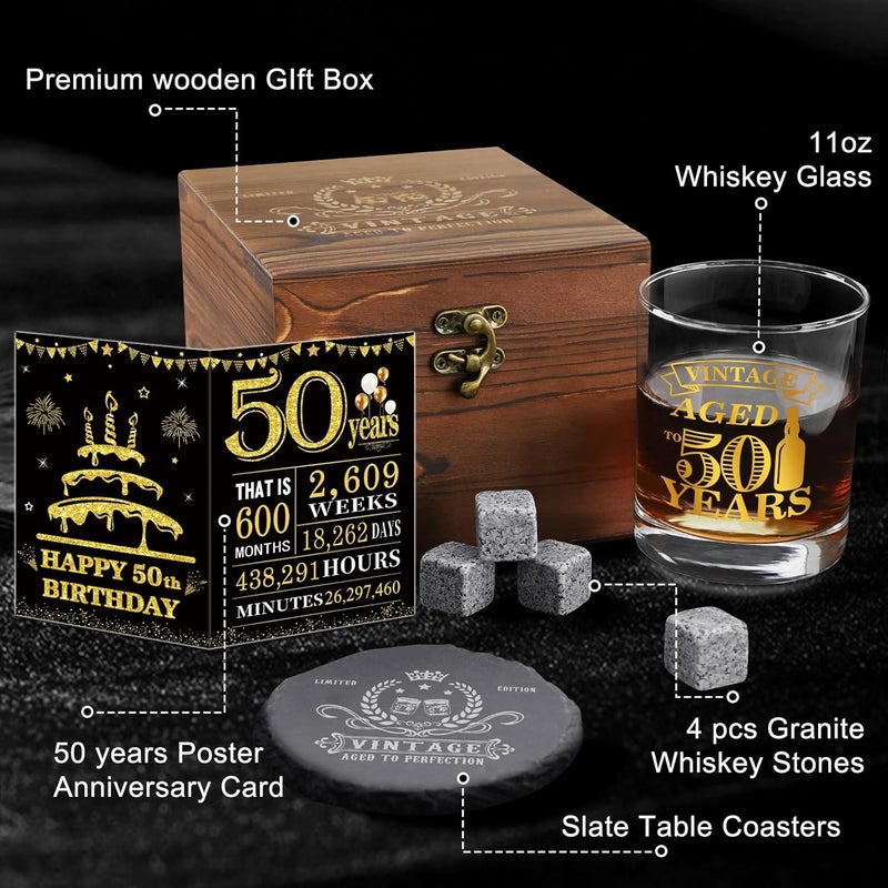 YeohJoy 50th Birthday Gifts for Men - Vintage Whiskey Glass Set, 50th Birthday Decorations for Men Gift Ideas for Him, Husband, 50 Year Old Man - Wood Box & Whiskey Stones & Coaster & Anniversary Card - Image 3