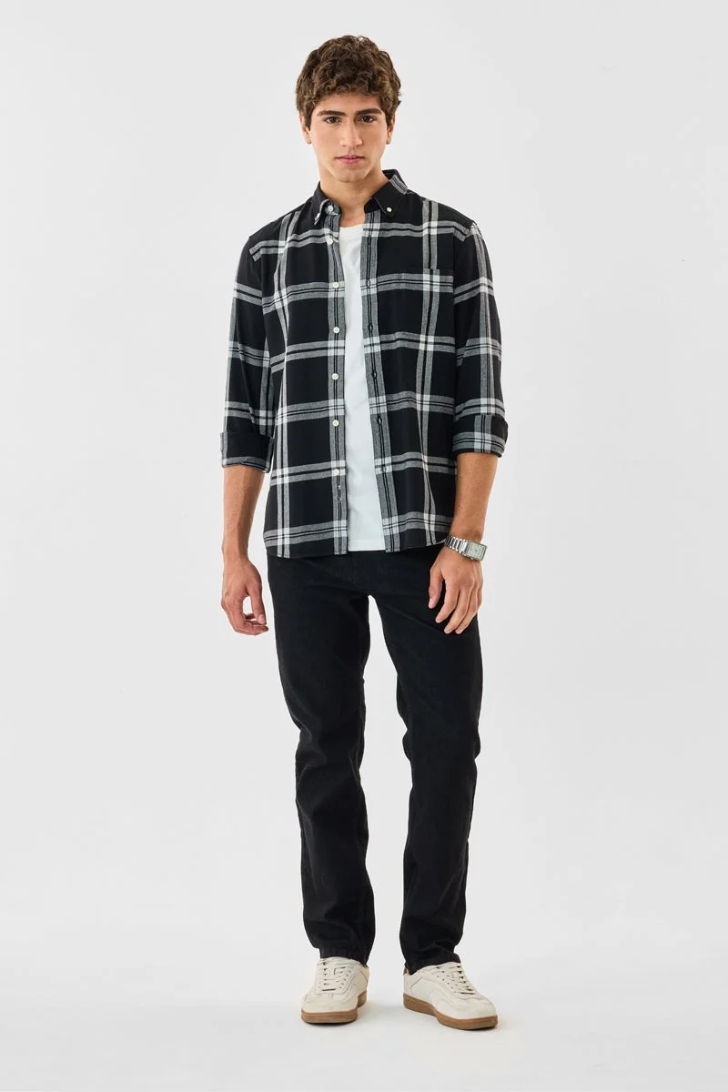 سنيتش Black Checkered Long Sleeve Slim Fit Shirt