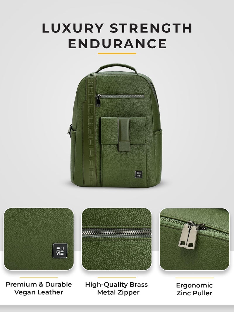 EUME Nexa Backpack Bag for Man, Forest Green | 2 Large Compartment Office Laptop Backpack | Fits Up to 15.6" Laptop | Vegan Leather | Travel Bag | Laptop Backpack for Men and Women - Image 4
