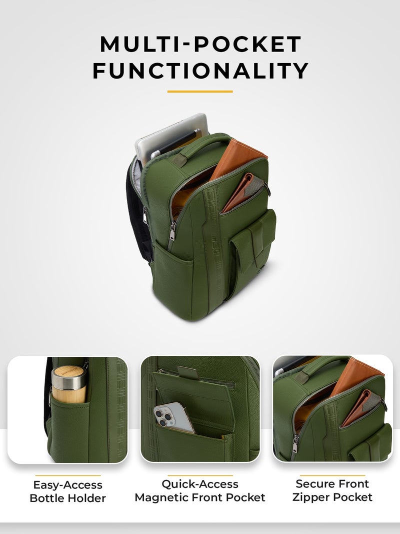 EUME Nexa Backpack Bag for Man, Forest Green | 2 Large Compartment Office Laptop Backpack | Fits Up to 15.6" Laptop | Vegan Leather | Travel Bag | Laptop Backpack for Men and Women - Image 5