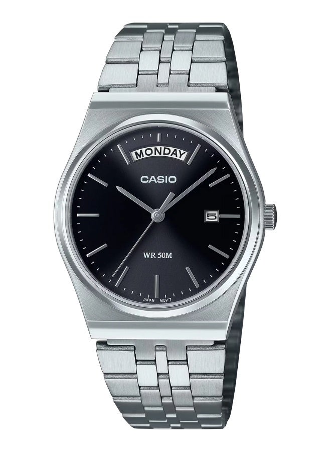 كاسيو ساعة كاسيو MTP-B146D-1AVDF للرجال، كوارتز، أنالوج، ستانلس ستيل - سوار فضي أنيق، ميناء أسود، زجاج معدني مقاوم للخدش، ساعة كلاسيكية أنيقة وعملية.