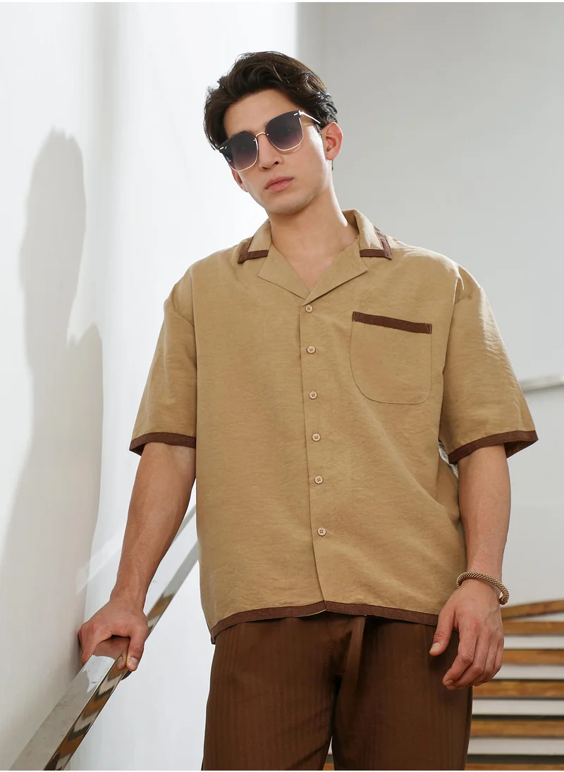 كامبوس سوترا Men's Beige Cuban Collar Short Sleeve Shirt