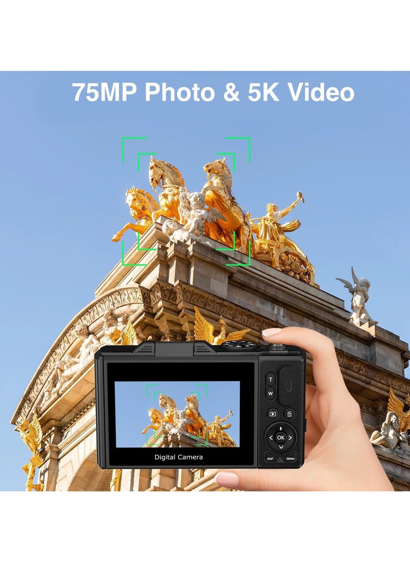 Milatech Digital Camera, 5K Vlogging Camera, Kids Camera 75MP Point and Shoot Digital Cameras with 64GB TF Card, 18X Zoom, For Kids Boys Girls (Black)  - Image 2