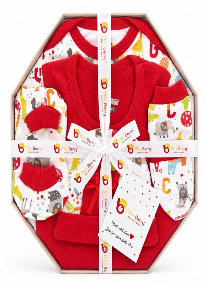 Mini Berry Newborn Baby Gift Set, Cotton, Blue Printed, Cap, Mittens & Booties, Unisex (Red) - Image 1