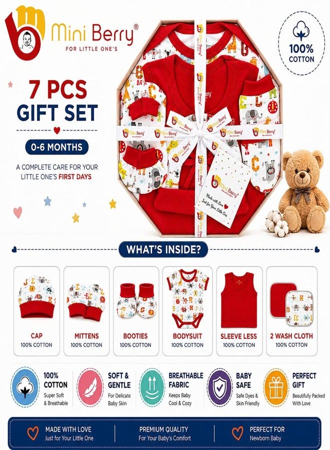 Mini Berry Newborn Baby Gift Set, Cotton, Blue Printed, Cap, Mittens & Booties, Unisex (Red) - Image 3