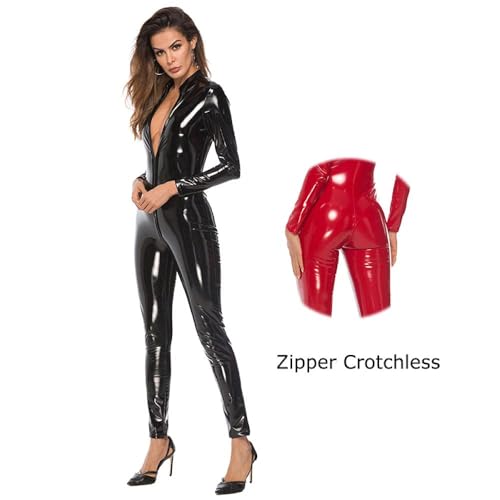 GirlFriend Womens Shiny Faux Leather Catsuit Bodysuit Hollow Out Zipper Front Cosplay Bodysuits Party Clubwear Fancy Playsuit Babydoll - Image 2