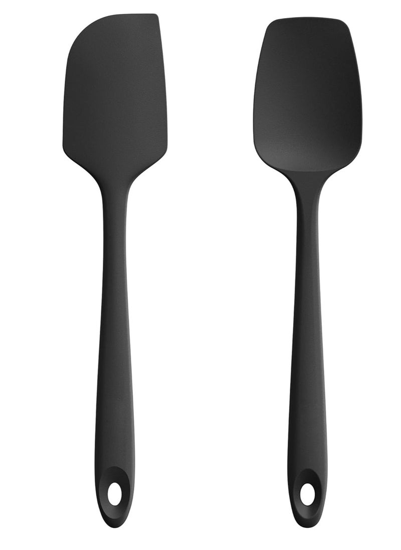 Oasisgalore Flat Spatula & Spoon Spatula: Heat Resistant Silicone Bowl Scraper Flexible Rubber Kitchen Cooking Mixing Utensil with Non-Stick Surface (Set of 2, Black)  - Image 1