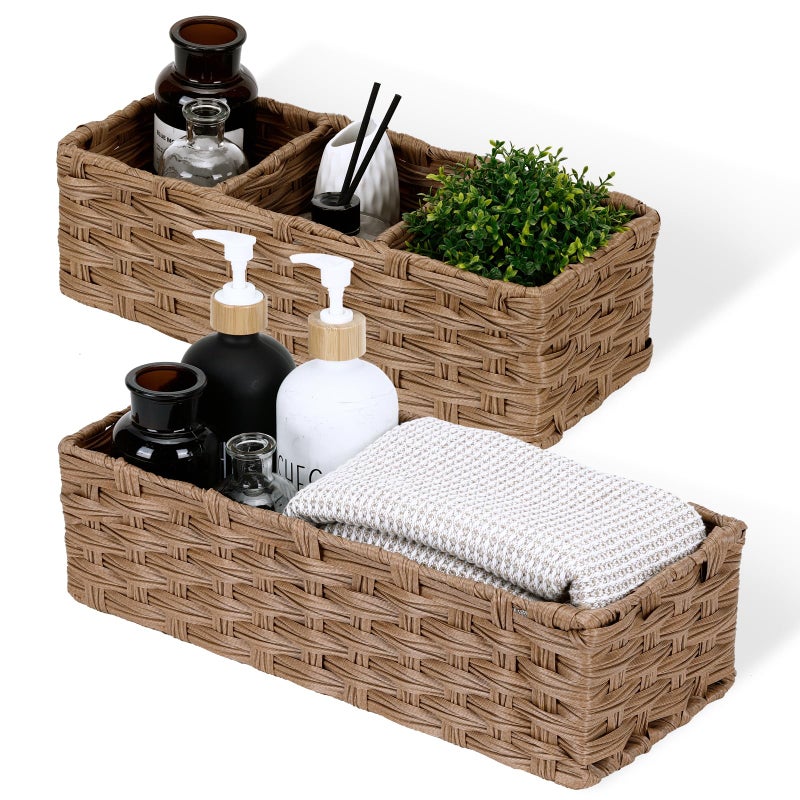 DULLEMELO Small Basket for Bathroom, Wicker Toilet Tank Basket, Bathroom Back of Toilet Organizer, Set of 2 Waterproof Bathroom Baskets for Organizing, Brown - Image 1