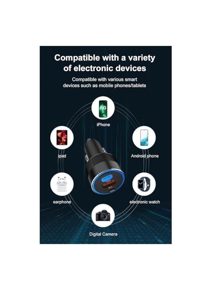84W USB C Fast Car Charger, 3-Ports Cigarette Lighter USB Charger PD 30W + 30W & QC 3.0 Fast Car Adapter Compatible with iPhone, iPad, Tablet & Android, Car Fast Charger Power Adaptor