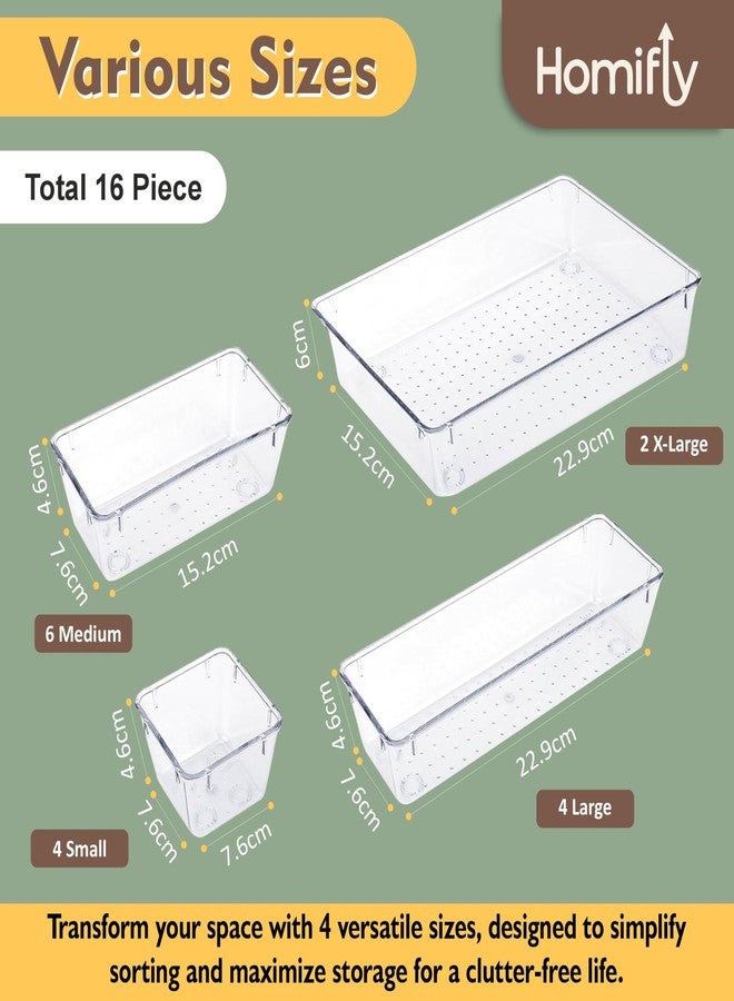 HOMIFLY منظم أدراج غير قابل للكسر من هوم فلاي مكون من 16 قطعة / صينية تنظيم أدراج متعددة الأغراض / صندوق تخزين لطاولة الزينة / صينية تنظيم المكياج / صناديق تخزين للحمام / المطبخ - (شفاف) - Image 3