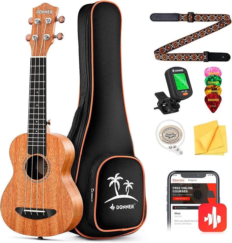 Donner Soprano Ukulele Mahogany 21 inch Ukelele Beginner Kit Online Lesson Gig Bag Strap Nylon String Tuner Picks Cloth DUS-1 Ukalalee Set Christmas Gift - Image 1