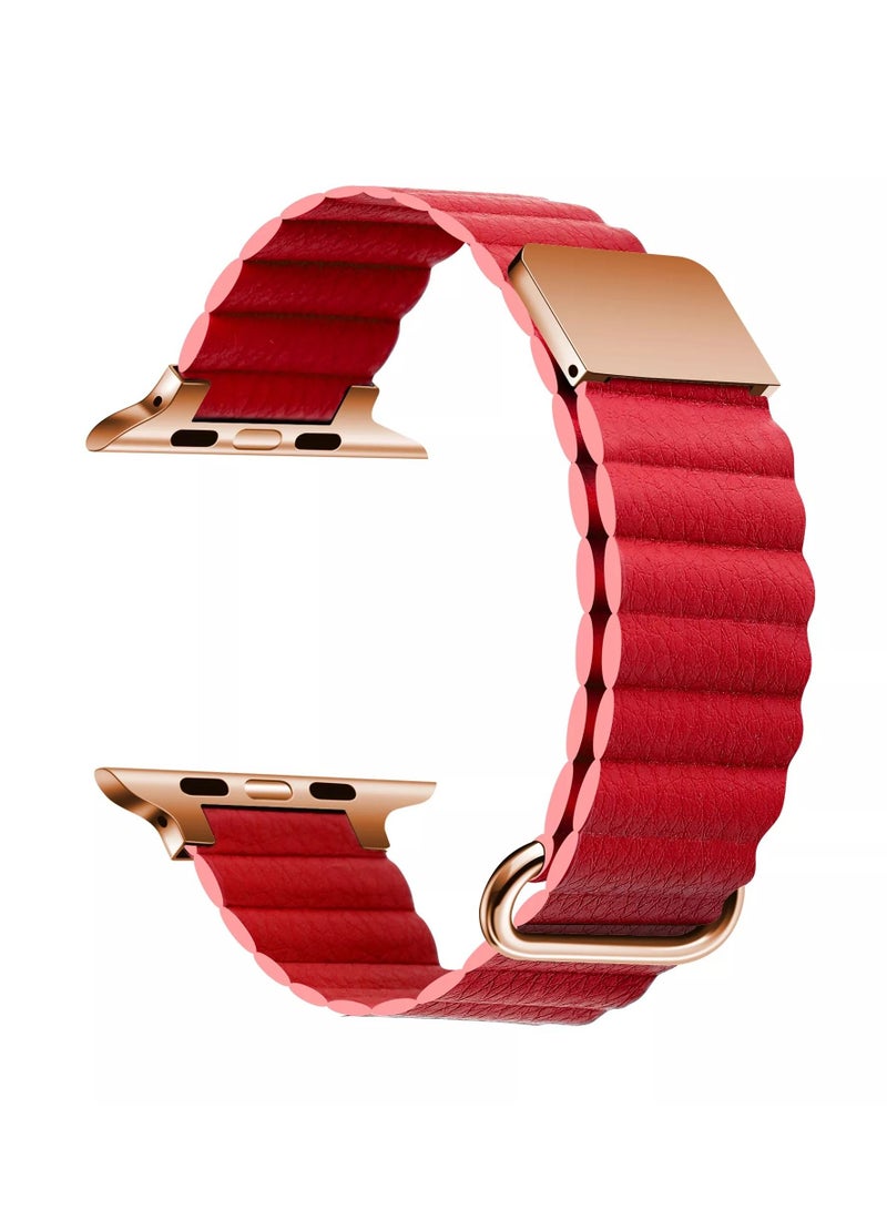 MOCOM Magnetic Leather Loop Strap Watch Band for Apple Watch Ultra 49mm Series 8 45mm 44mm 42mm Leather Magnet Ultra Band Strap – Red  - Image 1