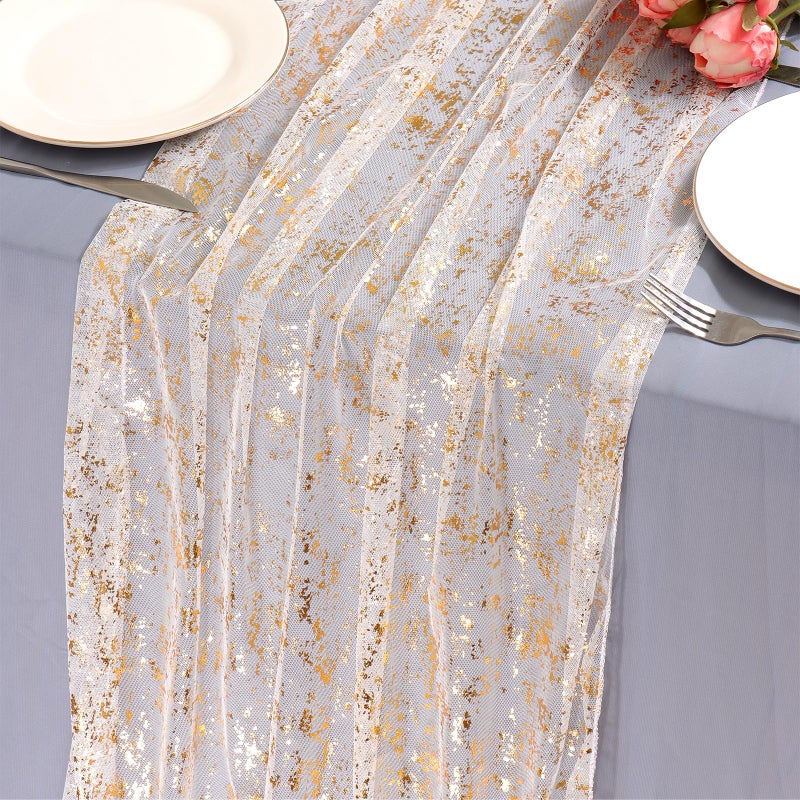 LOMOHOO Table Runner 70x300cm Glitter Gold Table Runners for Dining TableOrganza Boho Table Runner Wedding Table DecoGold Foil Table Runner for Christmas Baby Shower Birthday Party Table Chair Bows