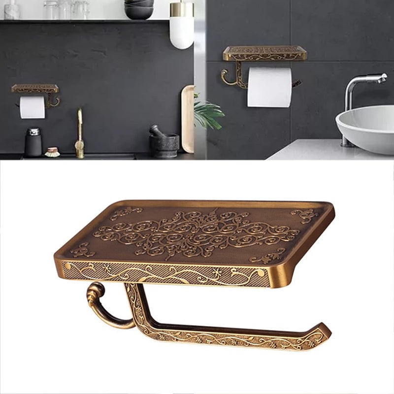 Aluminum Paper Roll Rack, Vintage Toilet Paper Towel Holder with Multifunctional Hook and Open Shaft Design, for Bathroom Hotel (Gold) - Image 3