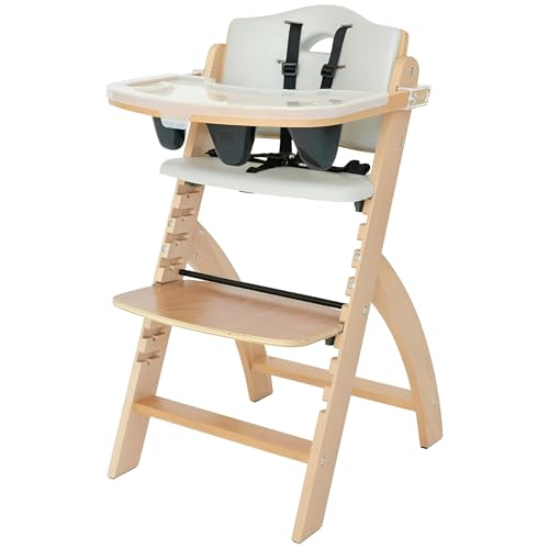 Abiie Beyond Junior Wooden High Chair with Tray Adjustable and Convertible High Chair for Babies and Toddlers 6 Months to 250 Lb Water Resistant Natural WoodDove Grey Cushion