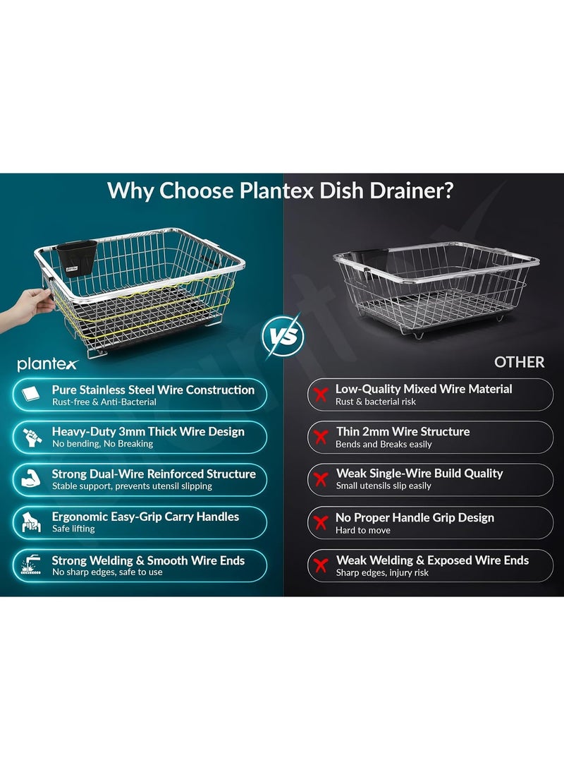Plantex Stainless Steel Dish Drying Rack/Utensil Drying Rack for Kitchen/Dish Rack with Drainer Tray/Vessel Drainer Basket for Utensils/Bartan Basket Stand (Size- 58.5x44.5x23.5 CM - Chrome Finish) - Image 4