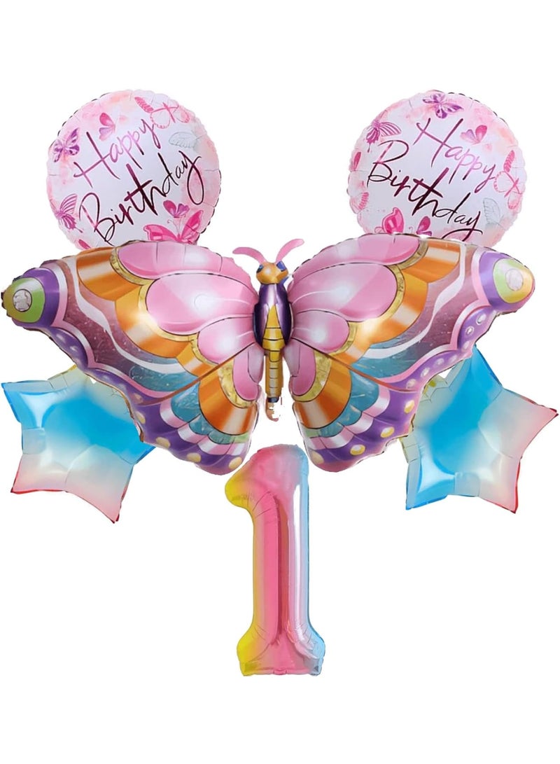 SOLARAE Butterfly Balloon, 6 Pcs Huge Colorful Butterfly Balloons, Number 1 Foil Mylar Balloon Kids Fairy Baby Shower Favor Butterfly Flower Theme Party Supplies Decor - Image 1