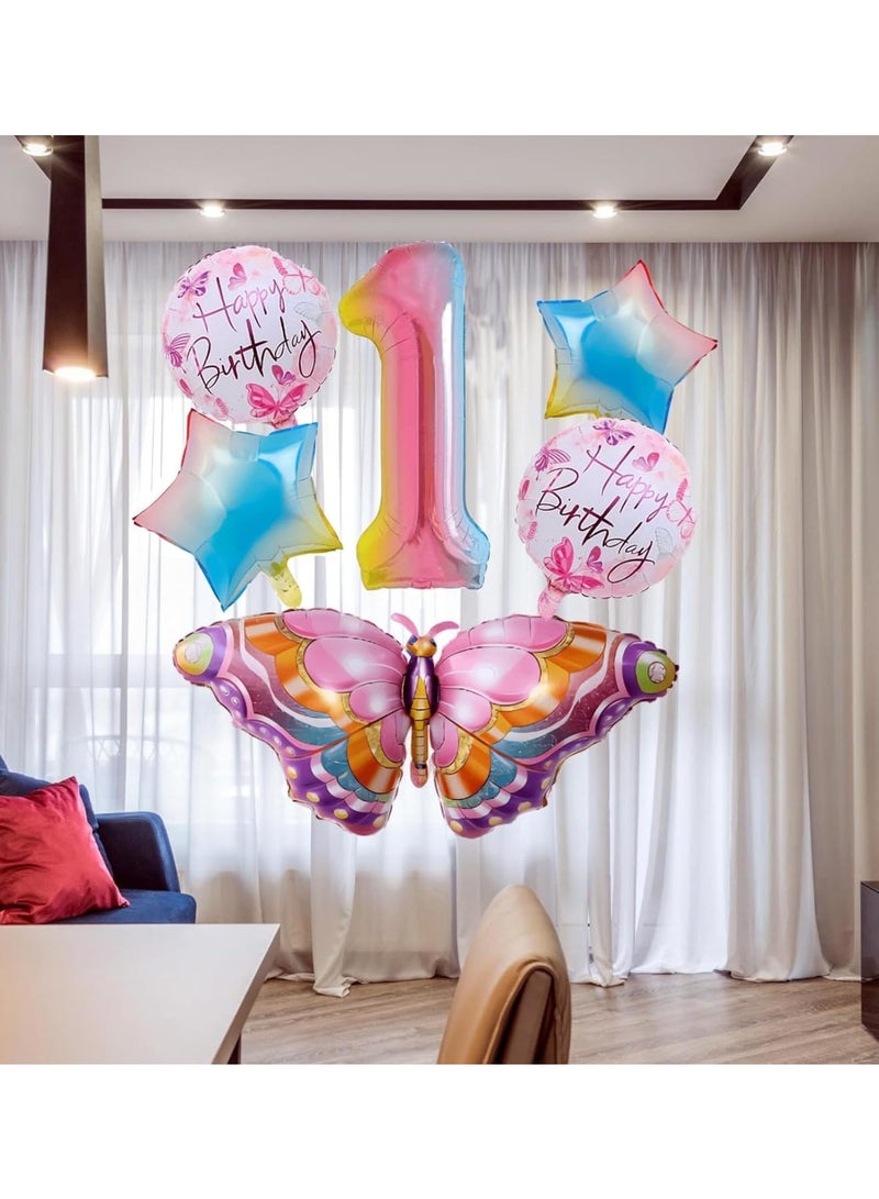 SOLARAE Butterfly Balloon, 6 Pcs Huge Colorful Butterfly Balloons, Number 1 Foil Mylar Balloon Kids Fairy Baby Shower Favor Butterfly Flower Theme Party Supplies Decor - Image 2