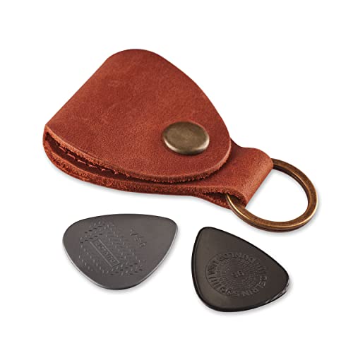 IRIDESCENT Leather Guitar Pick Holder Keychain, Guitar Pick Holder Case Bag, Plectrum Key Fob Cases Bag, Gift for Guitar Players (Cognac) - Image 1