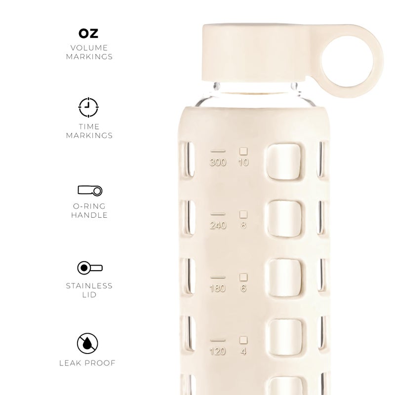 purifyou 40/32/22/12 oz Reusable Borosilicate Glass Water Bottles with Time and Volume Markings  Non-Slip Silicone Sleeve & Stainless Steel Lid Insert  for Water  Milk  Juice (12oz Pearled Ivory) - Image 3