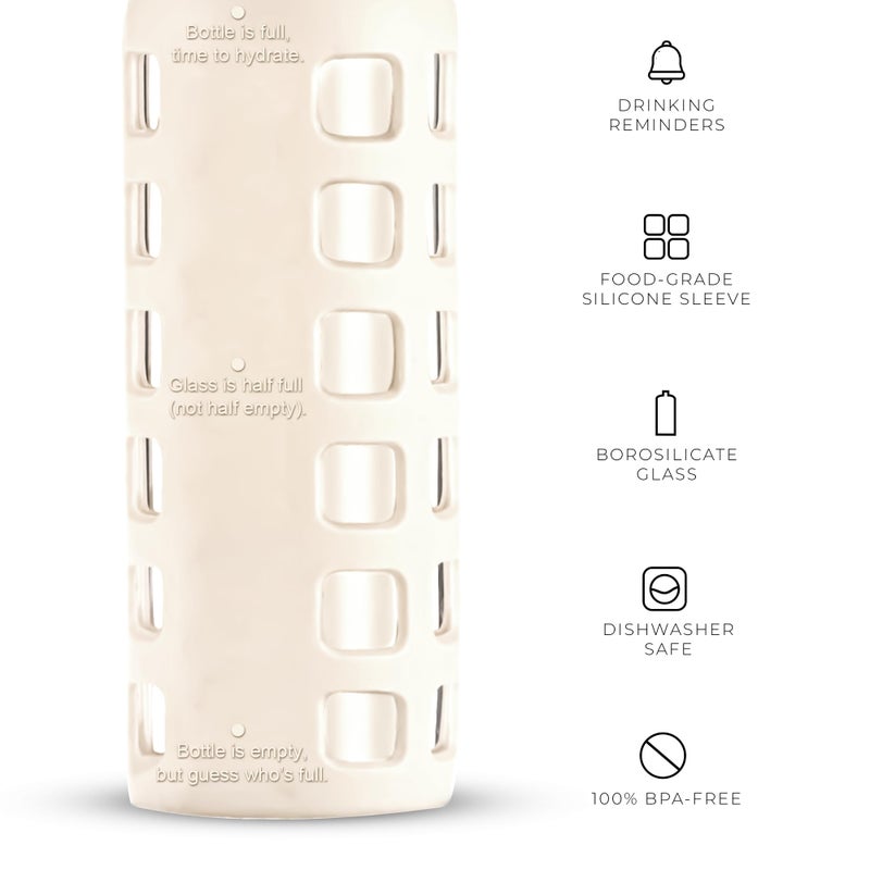 purifyou 40/32/22/12 oz Reusable Borosilicate Glass Water Bottles with Time and Volume Markings  Non-Slip Silicone Sleeve & Stainless Steel Lid Insert  for Water  Milk  Juice (12oz Pearled Ivory) - Image 4