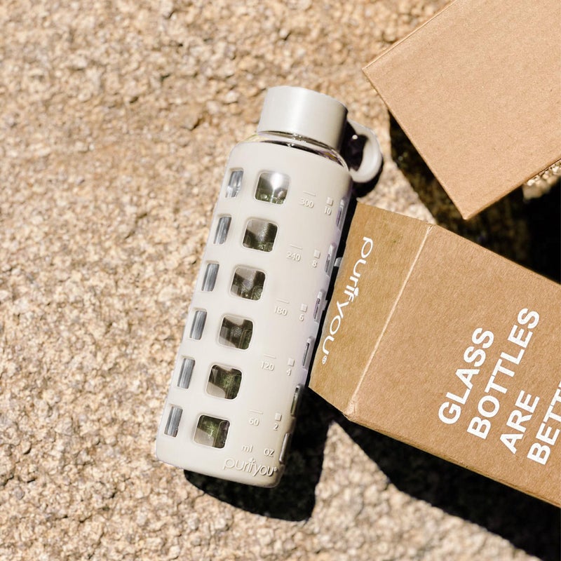 purifyou 40/32/22/12 oz Reusable Borosilicate Glass Water Bottles with Time and Volume Markings  Non-Slip Silicone Sleeve & Stainless Steel Lid Insert  for Water  Milk  Juice (12oz Pearled Ivory) - Image 5