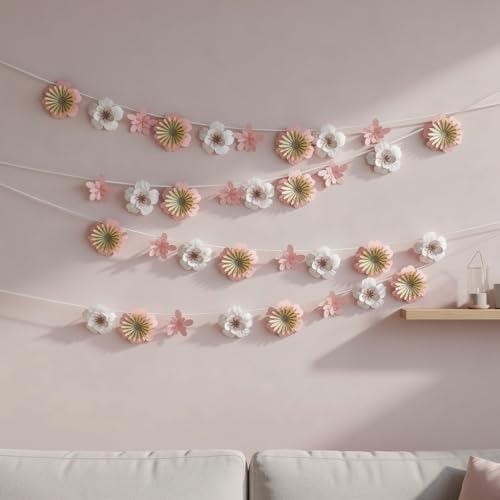 Pinfliers 1st Birthday Decoration Kit, Welcome Baby Home, 6 Months Bday/Kids Room/Naming Ceremony/Backdrop Décor, Pastel Pink,White Party for Girls, Garland/Banner/Bunting, 18 Paper Flowers, 60 inch - Image 1