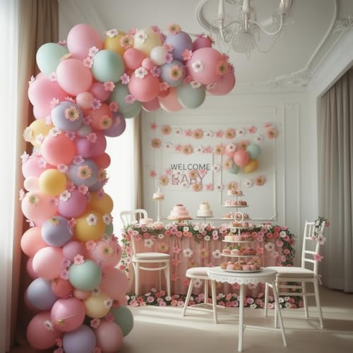 Pinfliers 1st Birthday Decoration Kit, Welcome Baby Home, 6 Months Bday/Kids Room/Naming Ceremony/Backdrop Décor, Pastel Pink,White Party for Girls, Garland/Banner/Bunting, 18 Paper Flowers, 60 inch - Image 2