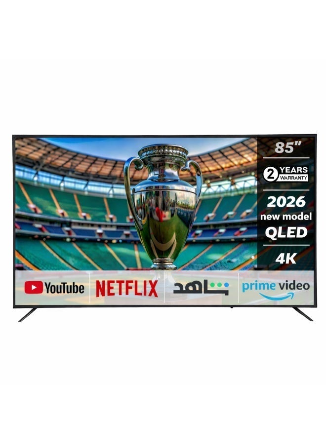 جينيرال جولد تلفزيون ذكي 85 بوصة QLED 4K UHD موديل 2026 الجديد، نظام WebOS، تصميم بدون إطار، واي فاي، بلوتوث، التعرف على الصوت، نتفليكس، يوتيوب، برايم فيديو - Image 1