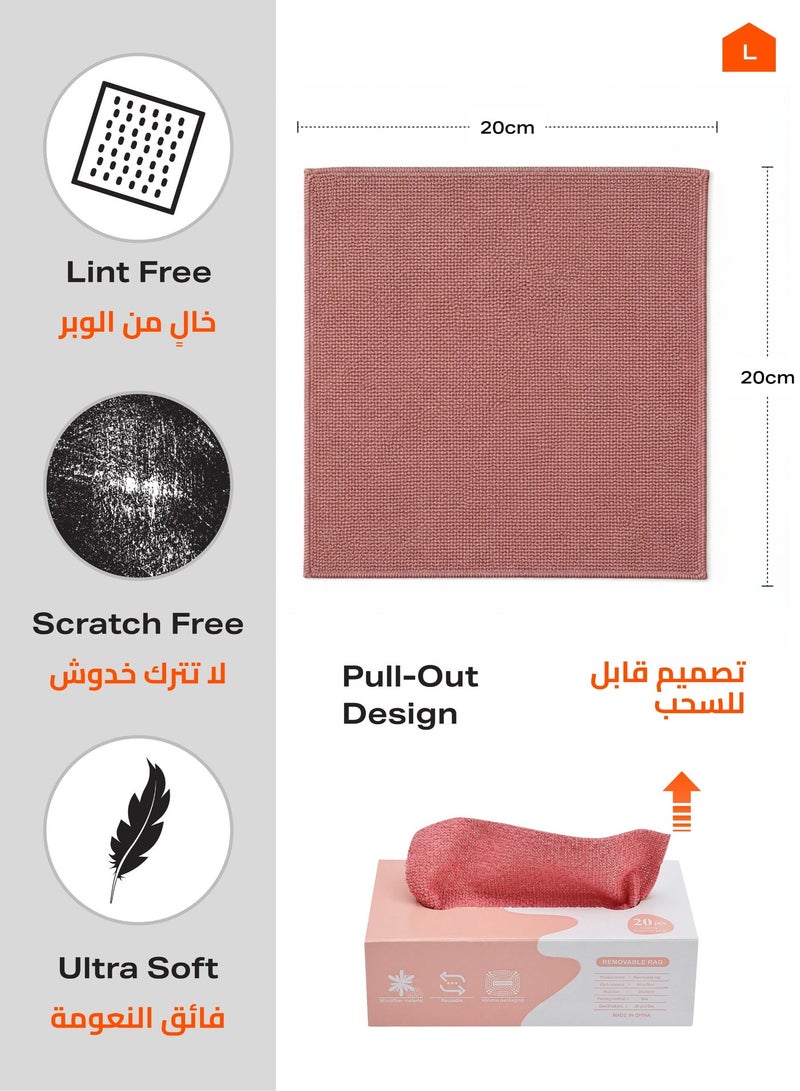 20 Piece Removable Microfiber Rags - 20x20cm - Ultra Absorbent Lint-Free Cleaning Cloths in Extractable Dispenser Box for Kitchen or Household, Car, Window, Glass, and Multi-Surface Use - Pink - Image 2