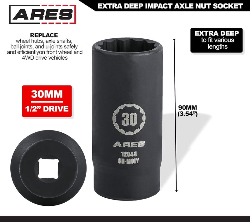 ARES 12044-30MM Axle Nut Socket - 12 Point Socket - Extra Deep 1/2-Inch Drive Impact Socket for Easy Removal of Axle Shaft Nuts - Image 1
