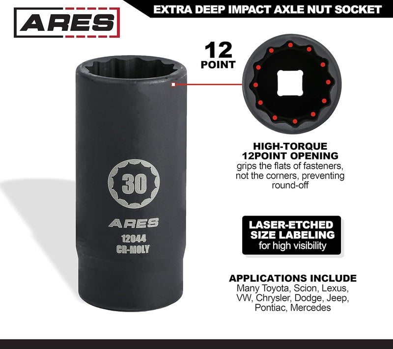 ARES 12044-30MM Axle Nut Socket - 12 Point Socket - Extra Deep 1/2-Inch Drive Impact Socket for Easy Removal of Axle Shaft Nuts - Image 2